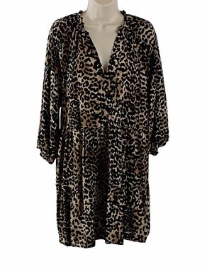 Leopard Print Split Neck Midi Dress - Brown/Black Size XL